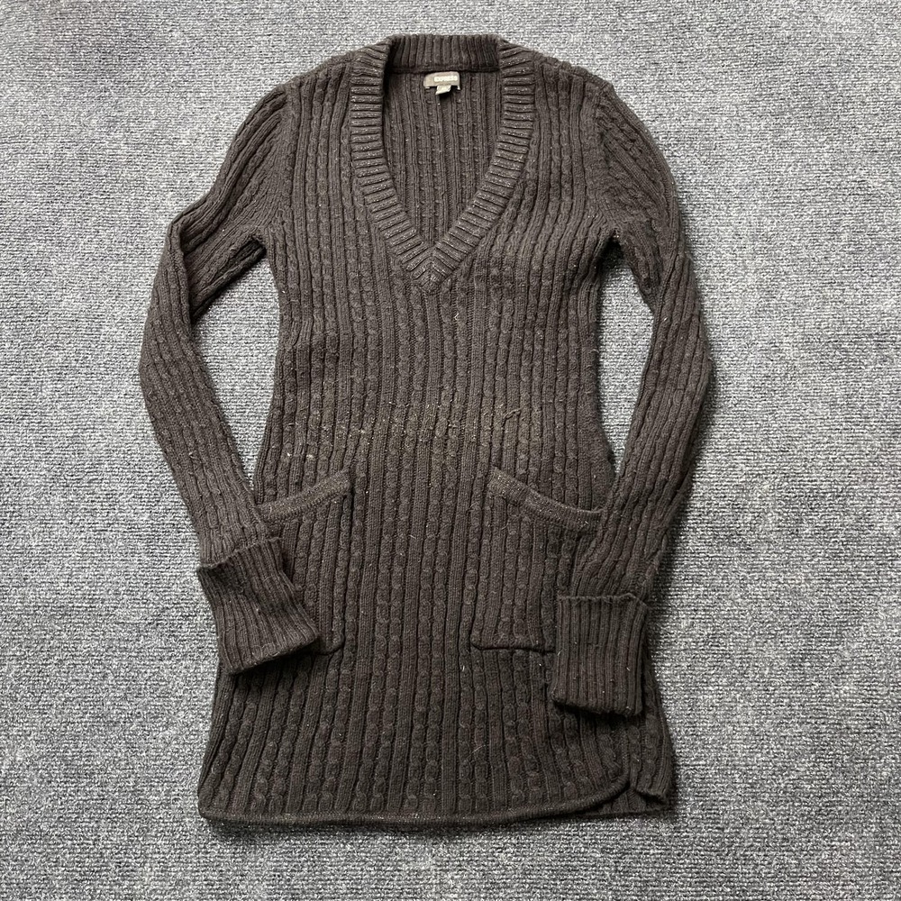 Express Sweater Tunic Womens XS Black Cable Knit V Neck Angora Long Dress